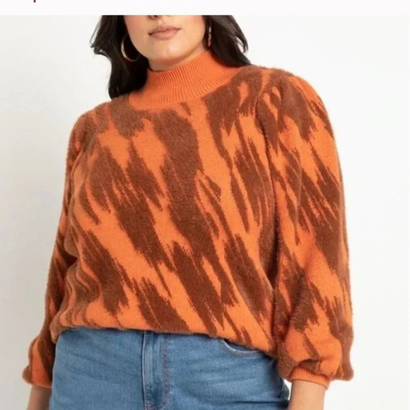 ELOQUI Intarsia Mock Neck Sweater orange brown  puff sleeve 26 / 28 - Picture 1 of 13